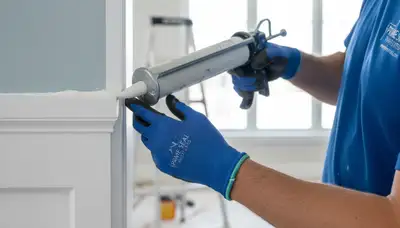 Painter applying exterior caulking and sealing to Tulsa OK home for moisture protection