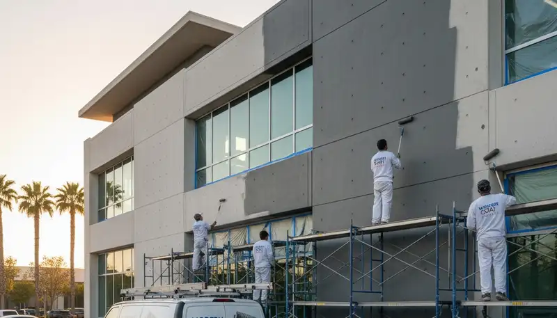 Professional commercial painters coating Tulsa OK business exterior for lasting weather protection