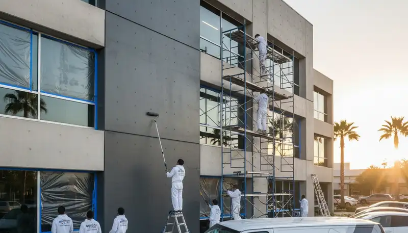 Professional commercial painters applying exterior coatings on Tulsa OK business building