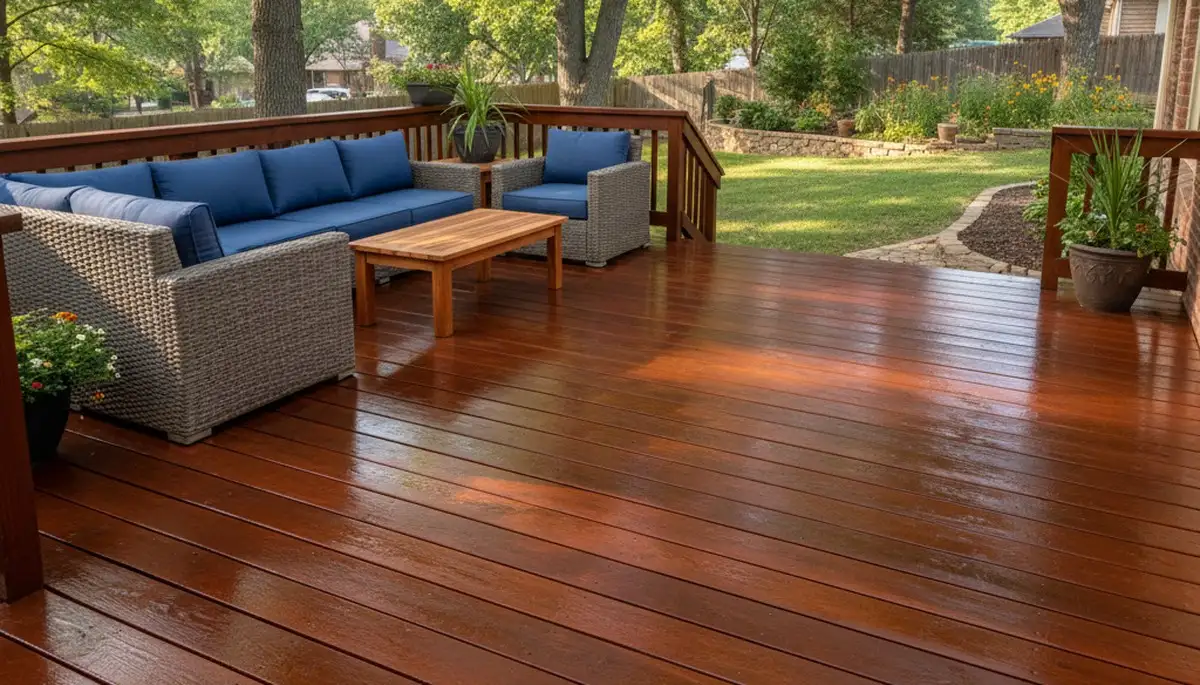 Finished deck staining in Tulsa OK showing restored wood grain and weather-protective professional finish