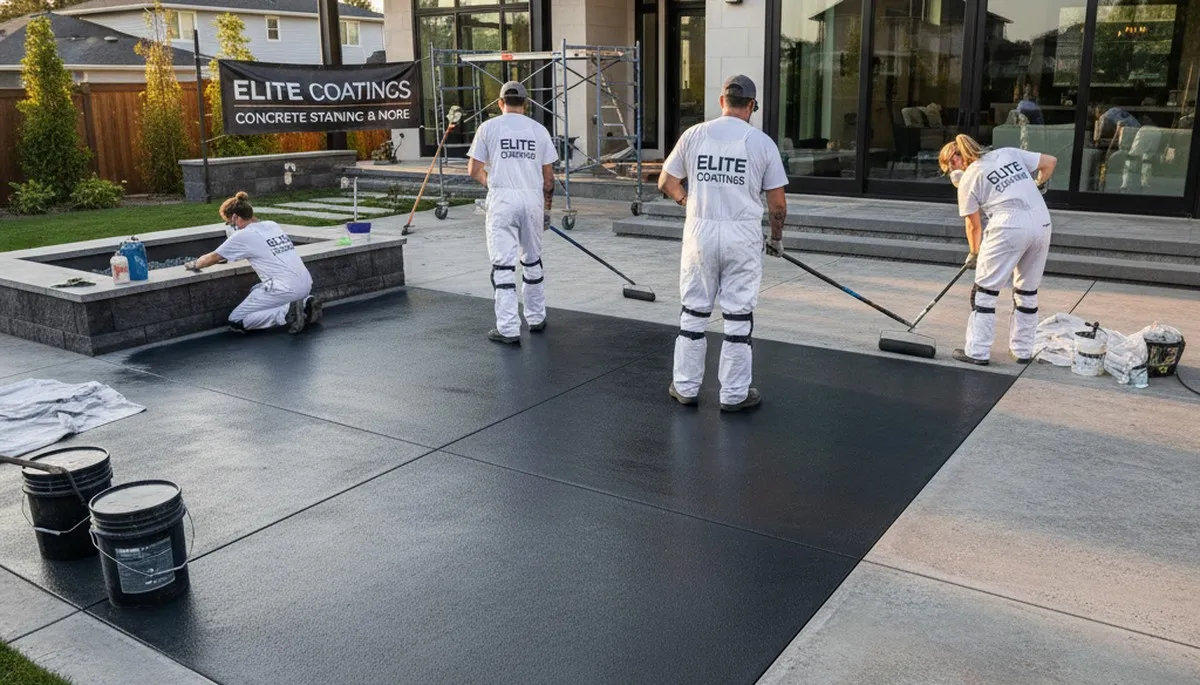 Professional concrete staining on Tulsa OK patio by exterior painting experts