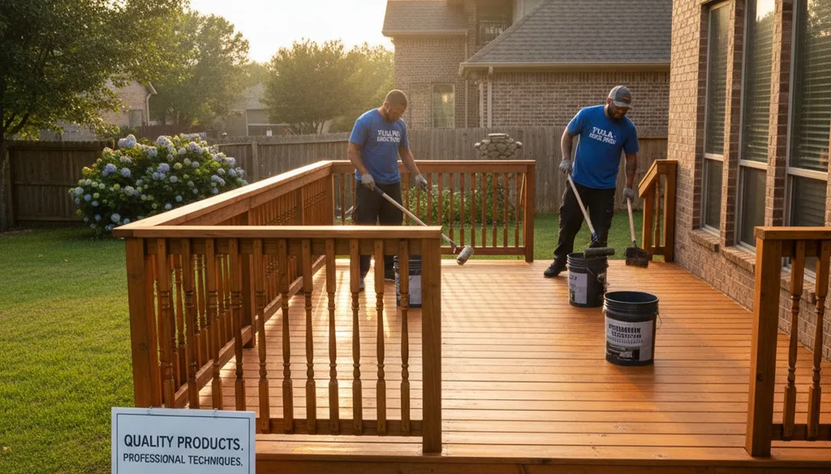Professional deck staining in Tulsa OK enhancing wood grain and protecting against UV and moisture damage