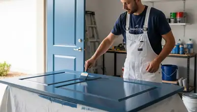 Professional painter refinishing front door in Tulsa, OK for durable exterior finish