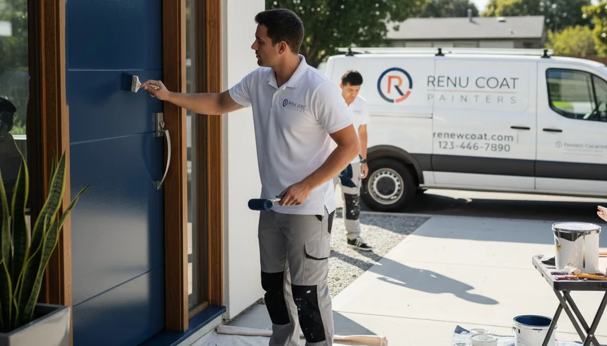 Professional painters applying durable door paint finish in Tulsa, OK home exterior