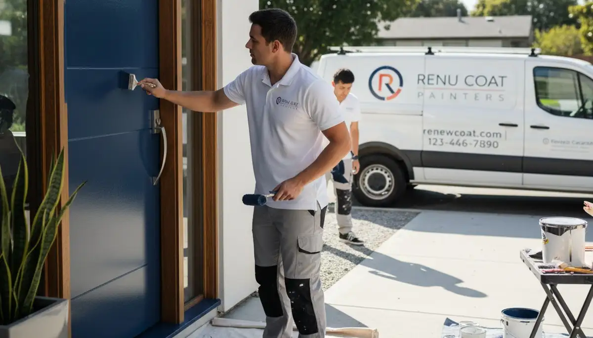 Professional painters applying durable door paint finish in Tulsa, OK home exterior
