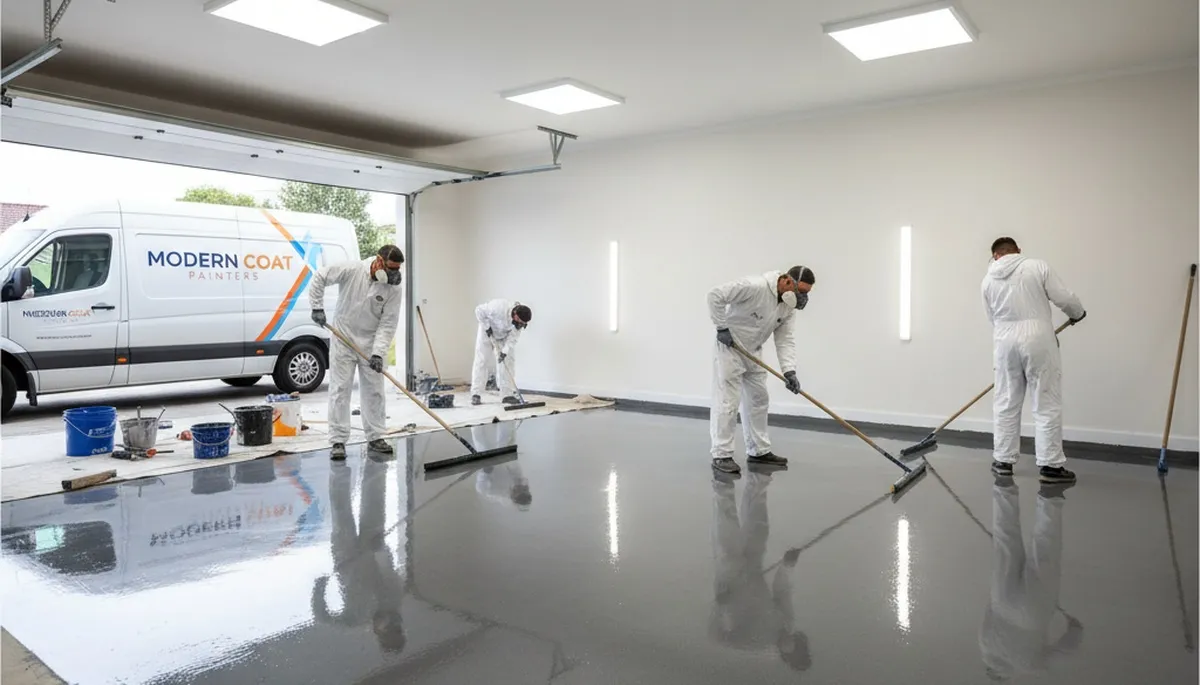 Professional epoxy floor coating in a Tulsa OK garage by local house-painting experts