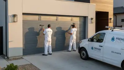 Professional painters refinishing a garage door in Tulsa OK with weather-resistant exterior paint