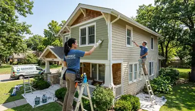 Professional exterior house painters working on a Tulsa OK home repaint project