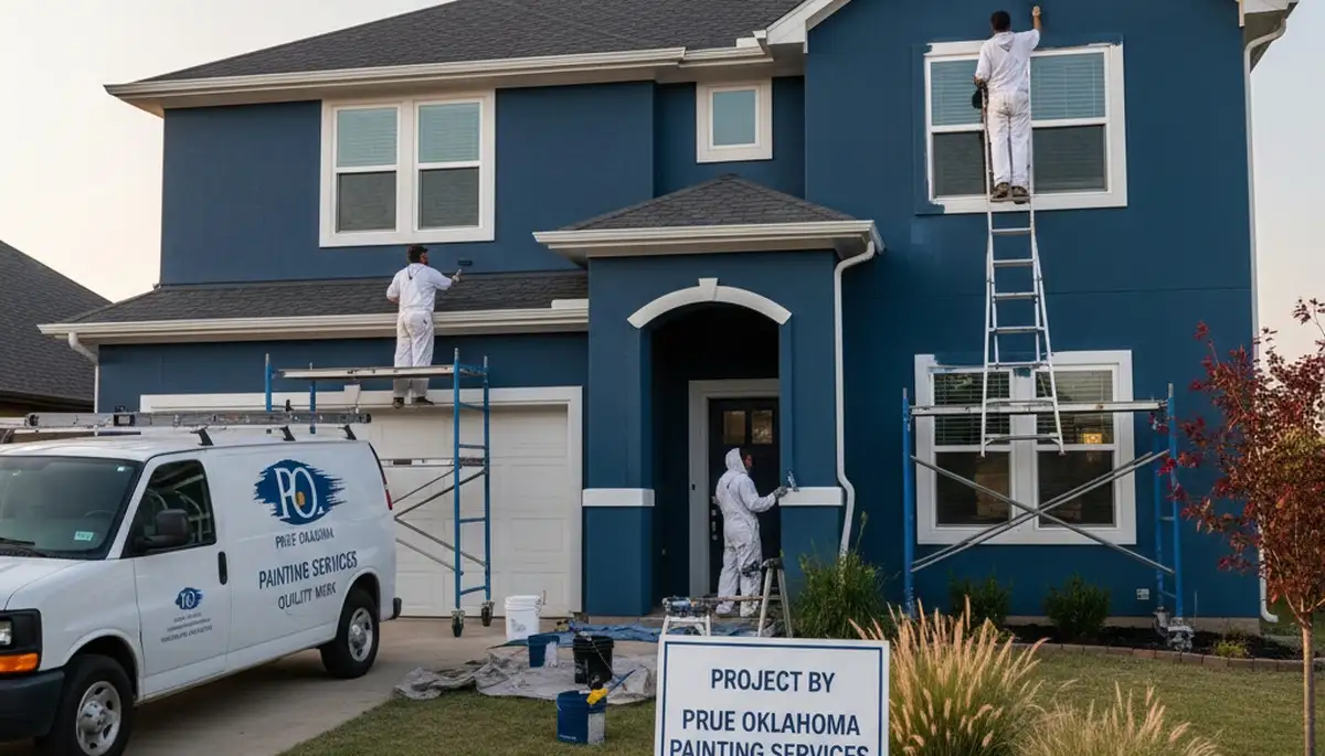 House painters applying exterior paint on a Tulsa, OK home for professional residential painting service