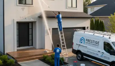 Professional pressure cleaning on Tulsa OK home exterior removing red clay stains and storm debris