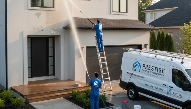 Professional pressure cleaning on Tulsa OK home exterior removing red clay stains and storm debris