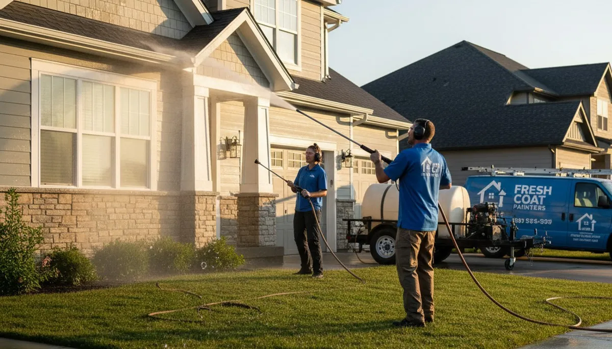 Professional pressure washing Tulsa OK removing red clay stains from home siding and driveway