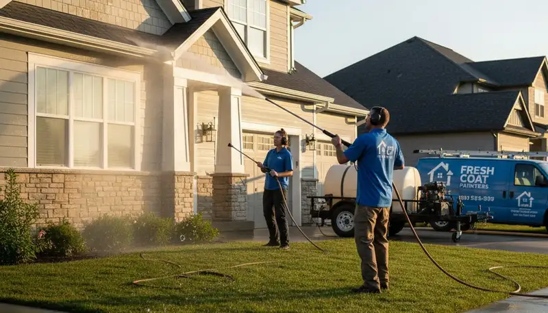 Professional pressure washing Tulsa OK removing red clay stains from home siding and driveway