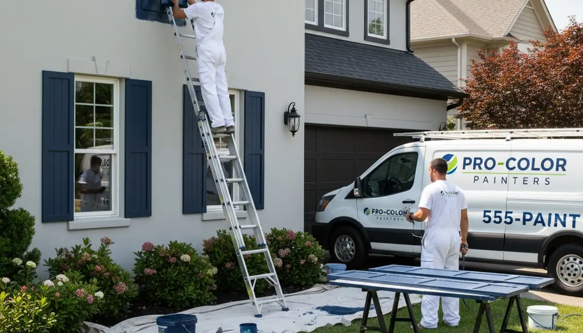 Professional painters refinishing exterior house shutters in Tulsa, OK for lasting curb appeal