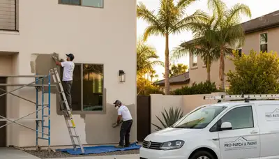 Contractor performing stucco repair on Tulsa, OK home exterior damaged by weather